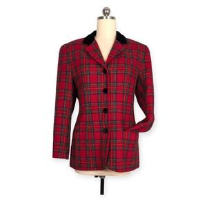 Vintage Talbots Blazer Jacket Plaid Velvet Tartan Holiday Christmas Wool Red 12